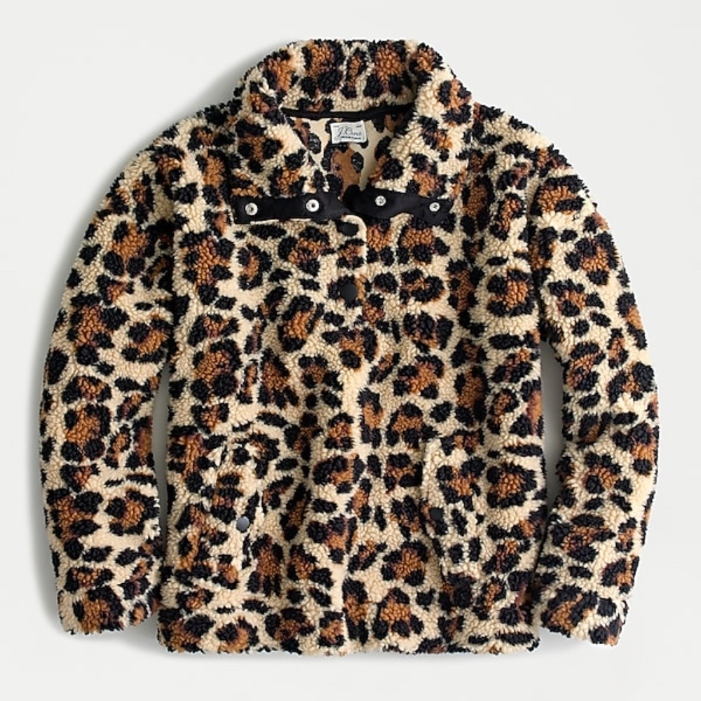 NWT J. Crew Snap-Collar Sherpa Sweatshirt Leopard - Picture 2 of 10